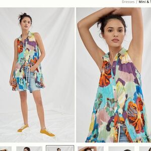 Maeve Anthropologie Zola Flounced Mini Dress floral artsy smocked SZ XS